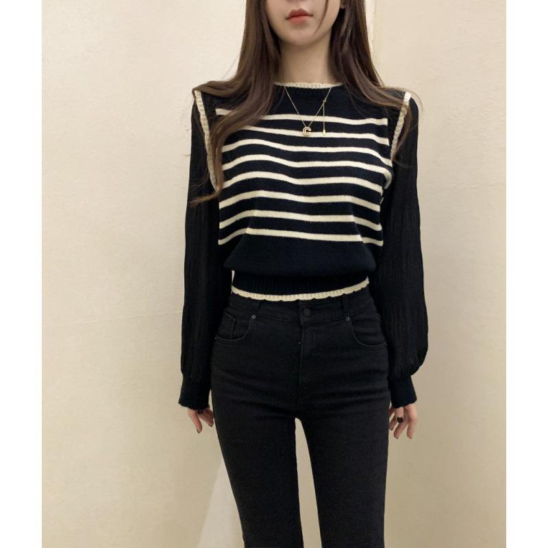 2025 Autumn Black & White Striped Puff Sleeve Sweater Knitwear Top