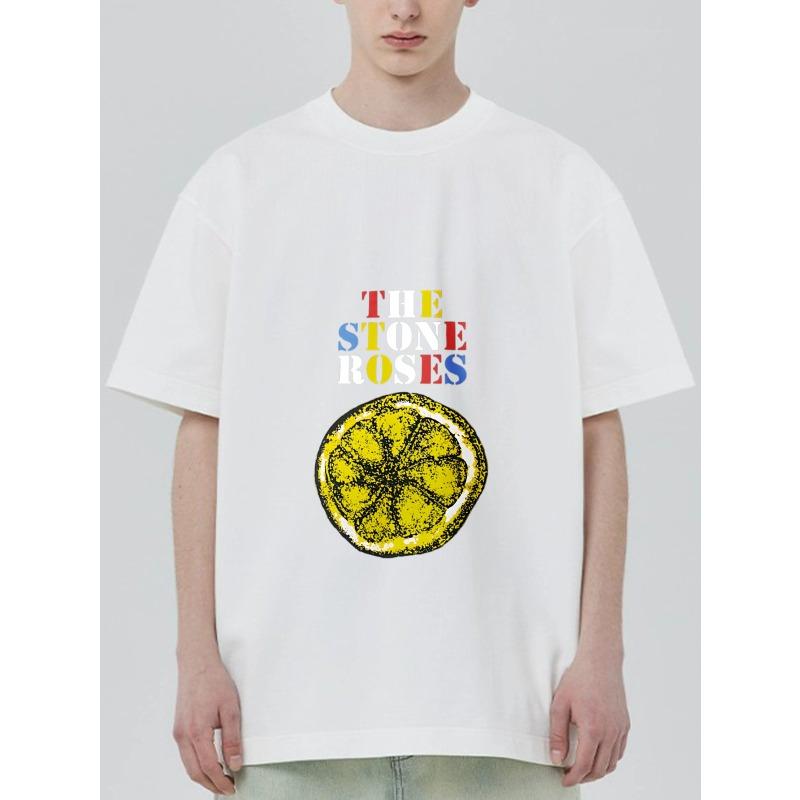 The Stone Roses Black T-Shirt with Lemon Print and Band Name for Casual Wear