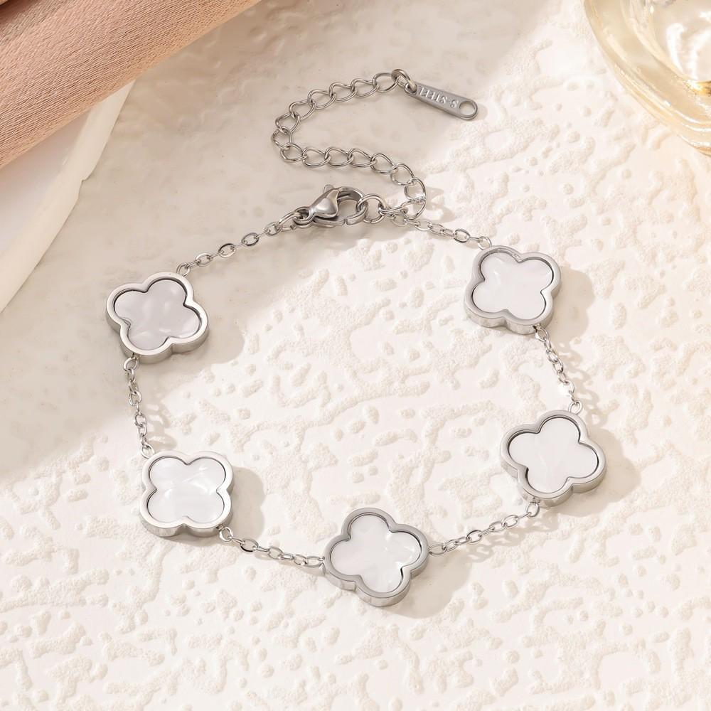 Bracelet Trèfle à Quatre Feuilles en Acier Titane Plaqué Or 18k avec Nacre pour Femmes