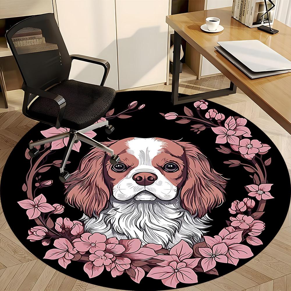 1pc Cavalier King Charles Spaniel Chair Carpet for Office, Round Non Slip Durable Large Size Office Carpet, Suitable for Office