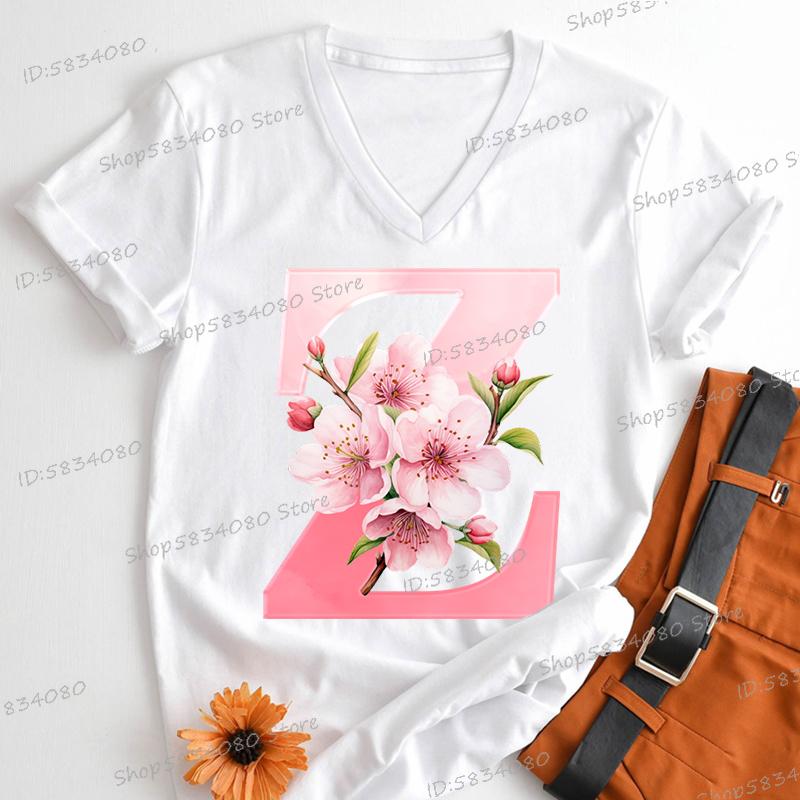 Pink Sakura Alphabet Graphic T Shirts Women AZ 26 Alphabet Pink Flower Cartoon Tshirts Cherry Blossom Letters Casual Tops Tees