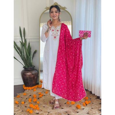 Women's White BSY Viscose Embroidered Straight Kurta with BSY Viscose Pant And Silk Blend Laced Dupatta Sets Full Iner