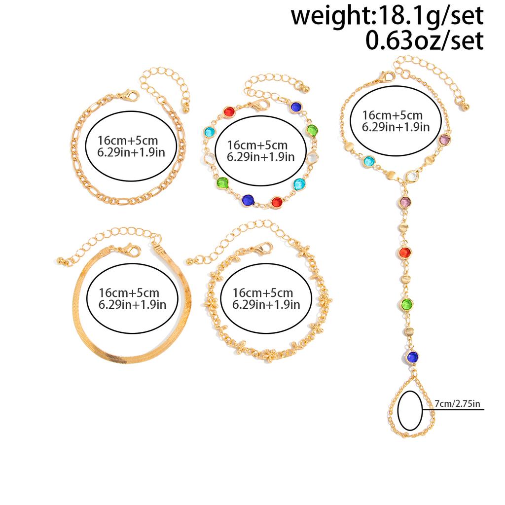 Ingemark 5Pcs/Set Elegant Colorful Zircon Bracelet for Women Fashion Exquisite Finger Ring Connect Bangle Party Jewelry Gifts