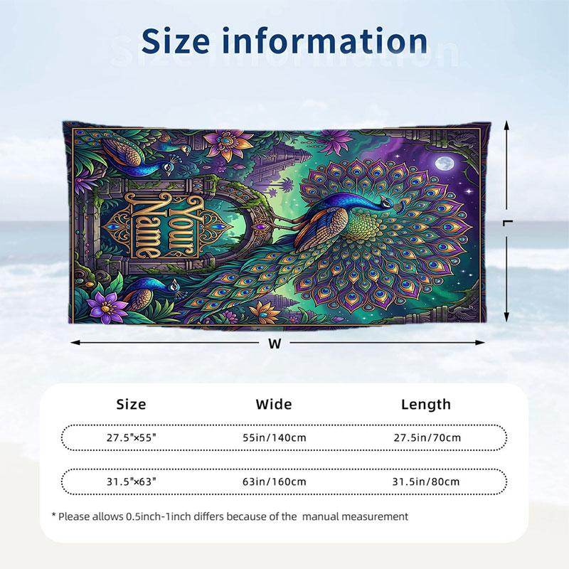 Peacock Artwork Theme Quick Dry Beach Towel Custom Name Text Print Large Sand Resistant Towel Beach Vacation
