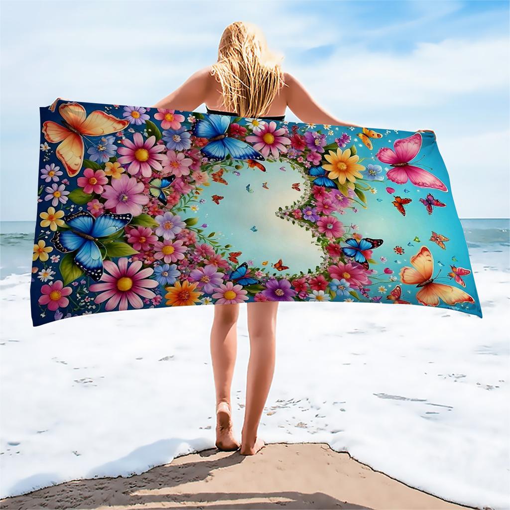 1Pc Romantic Heart Floral Butterfly Print Beach Towel Gentle Absorbent Quick-Dry Girl'S Heart Holiday Bath Towel