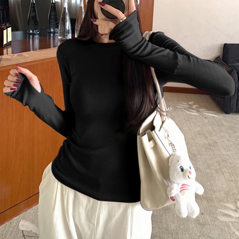 

Brushed Fleece-Lined Long Sleeve Slimming Top with Thumb Holes XL (125-140 jin) чорний