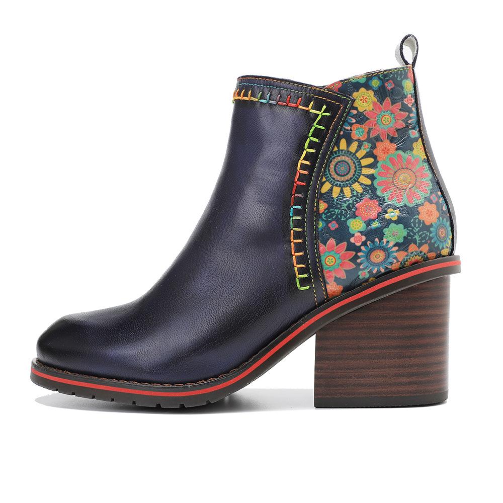 Johnature Genuine Leather Women Shoes Thick Heeled Short Boots  Round Toe Patchwork Handmade Ankle Boots