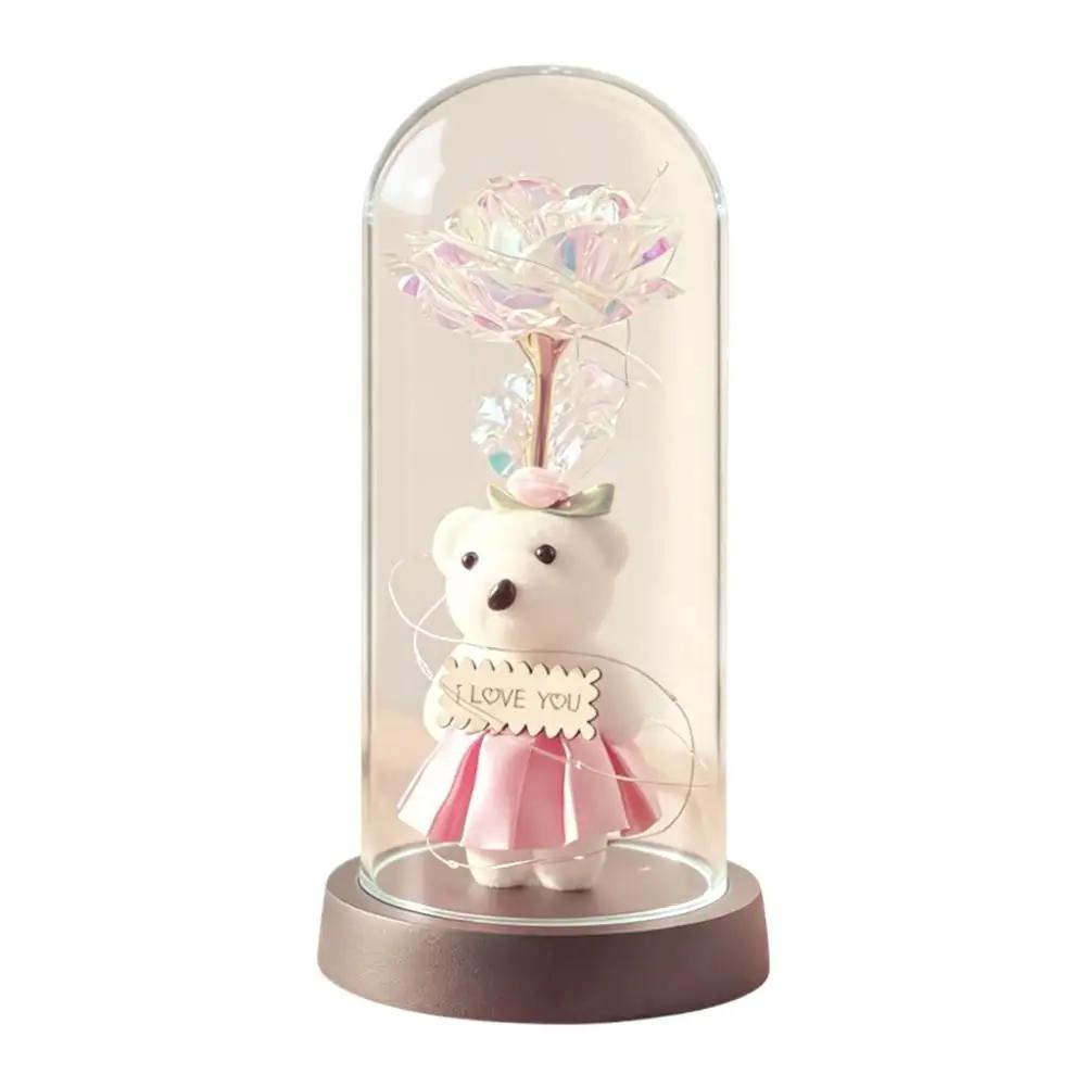 Eternal Gold Foil Rose Bear With Acrylic Cover Colorful Creative Golden Gift Valentine's Decoration Day Bouquet Ornament P5M7