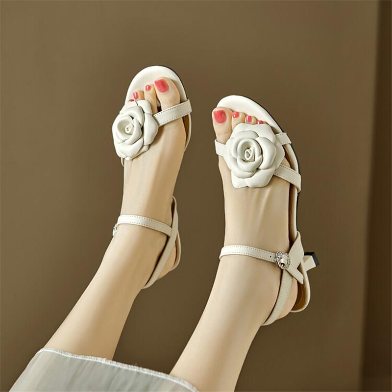 Fashion New Sheepskin Summer Sandals Round Toe High Heels Sandals Shoes for Women Zapatos Mujer Handmade Camellia Sandals Ladies Shoes