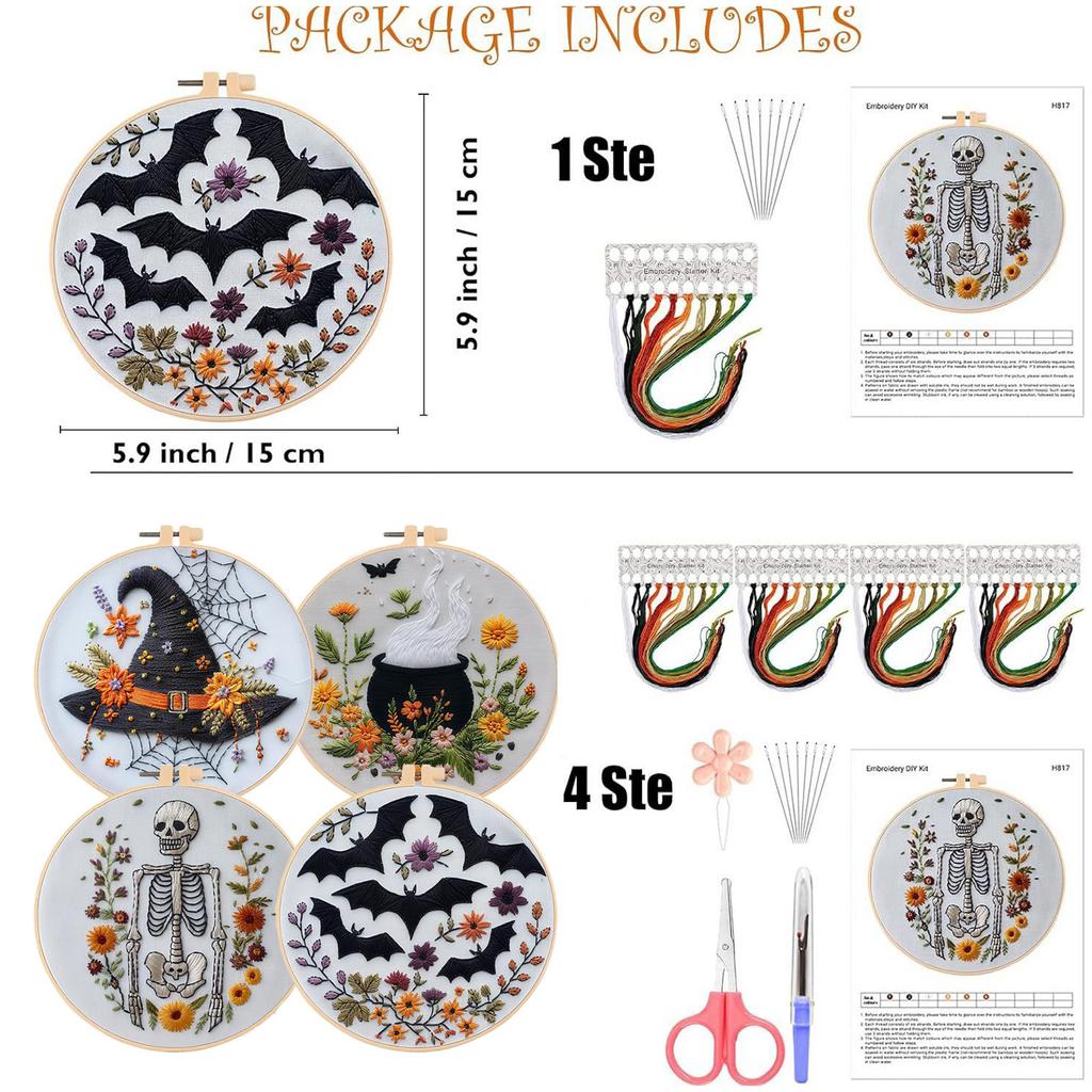 1Pc Halloween Skull Bat Witch Hat DIY Embroidery Needlework Bamboo Embroidery Frame English Kit