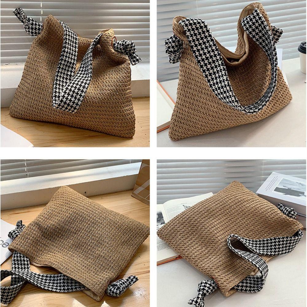 Casual Bohemian Straw Shoulder Bag Houndstooth Hollowed Out Weave Tote Bag Handbag Large Capacity Beach Bag Outdoor