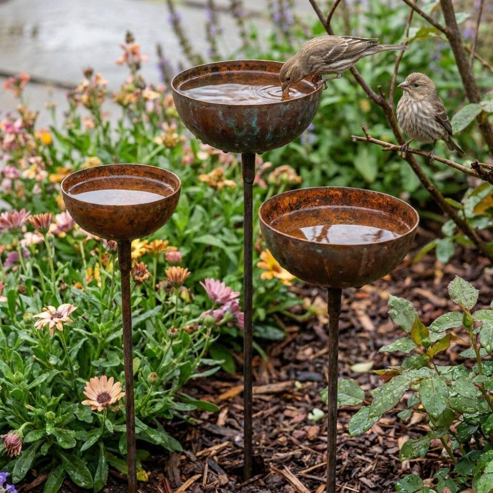 Vintage Weathered Metal Bird Bath 3-Tier Bowl Insect Watering Station Rain Collectors  Yard Art