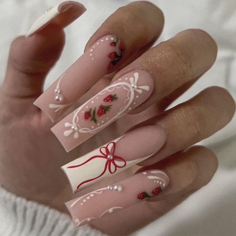 

Sweet Pink French Tip Rectangular False Nails with Strawberry Bow