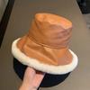 Fashion Autumn Winter Pu Leather Bucket Hats For Women Adjustable Foldable Lamb Wool Outdoor Warm Panama Female Fisherman Caps