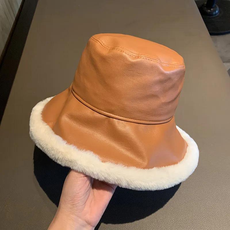 Fashion Autumn Winter Pu Leather Bucket Hats For Women Adjustable Foldable Lamb Wool Outdoor Warm Panama Female Fisherman Caps