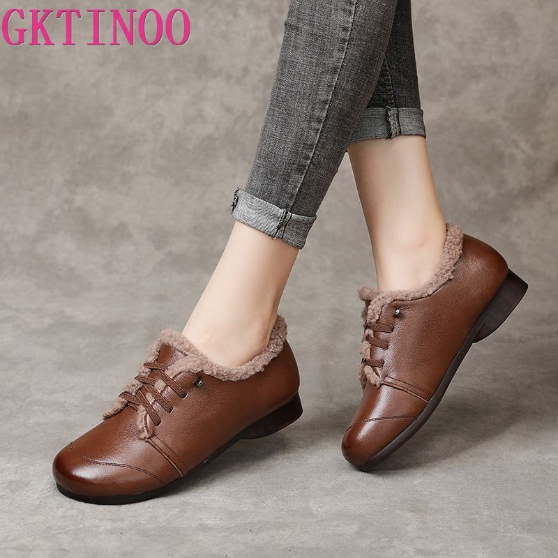Fashion GKTINOO Women's Moccasins Winter Warm Wool Ladies Flats Genuine Leather Shoes Soft Soled  Woman Loafers Non Slip Female Footwear