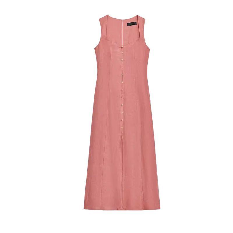 Summer Women Clothes Holiday Style Decorated Row Button Square Collar Linen Blend Midi Dress 6962030 6962029