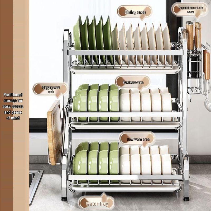 Stainless Steel Kitchen Dish Drying Rack with Bowl and Plate Storage