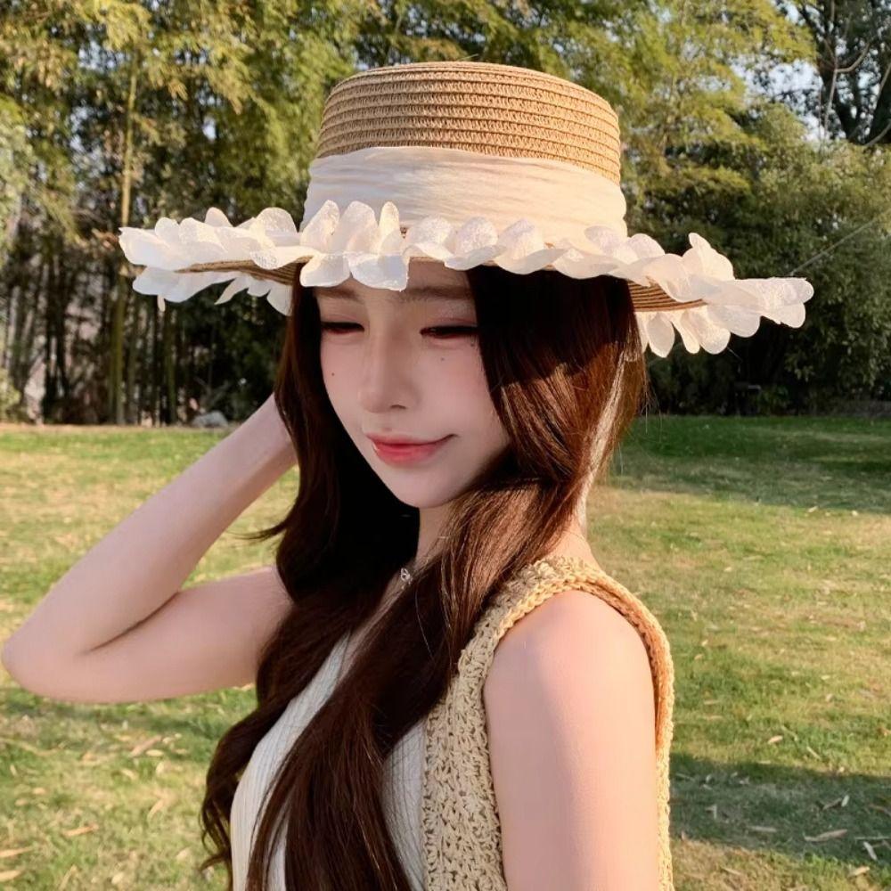 with Mesh Bow Straw Hat Wide-brimmed Sun Hat Elegant Sunshade Hat  for Summer Sun Protection