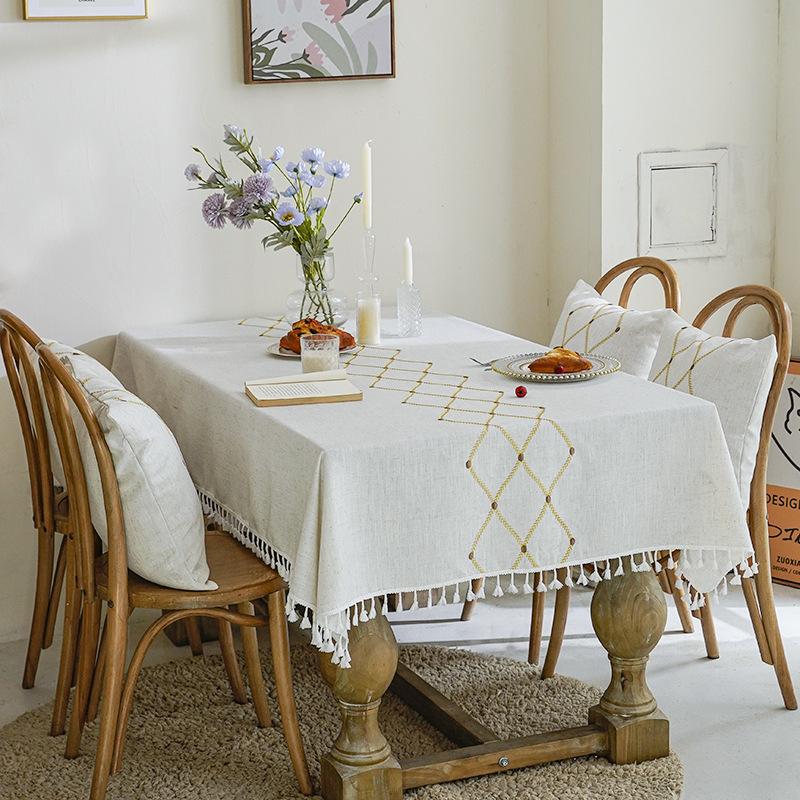Tablecloth Cotton And Linen Fringed Three-Dimensional Embroidery Rectangular Party Picnic Tablecloth