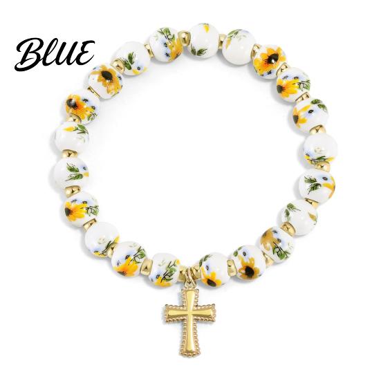Daily Wear Bracelet Women Blue White Ceramic Beads Decor Elastic