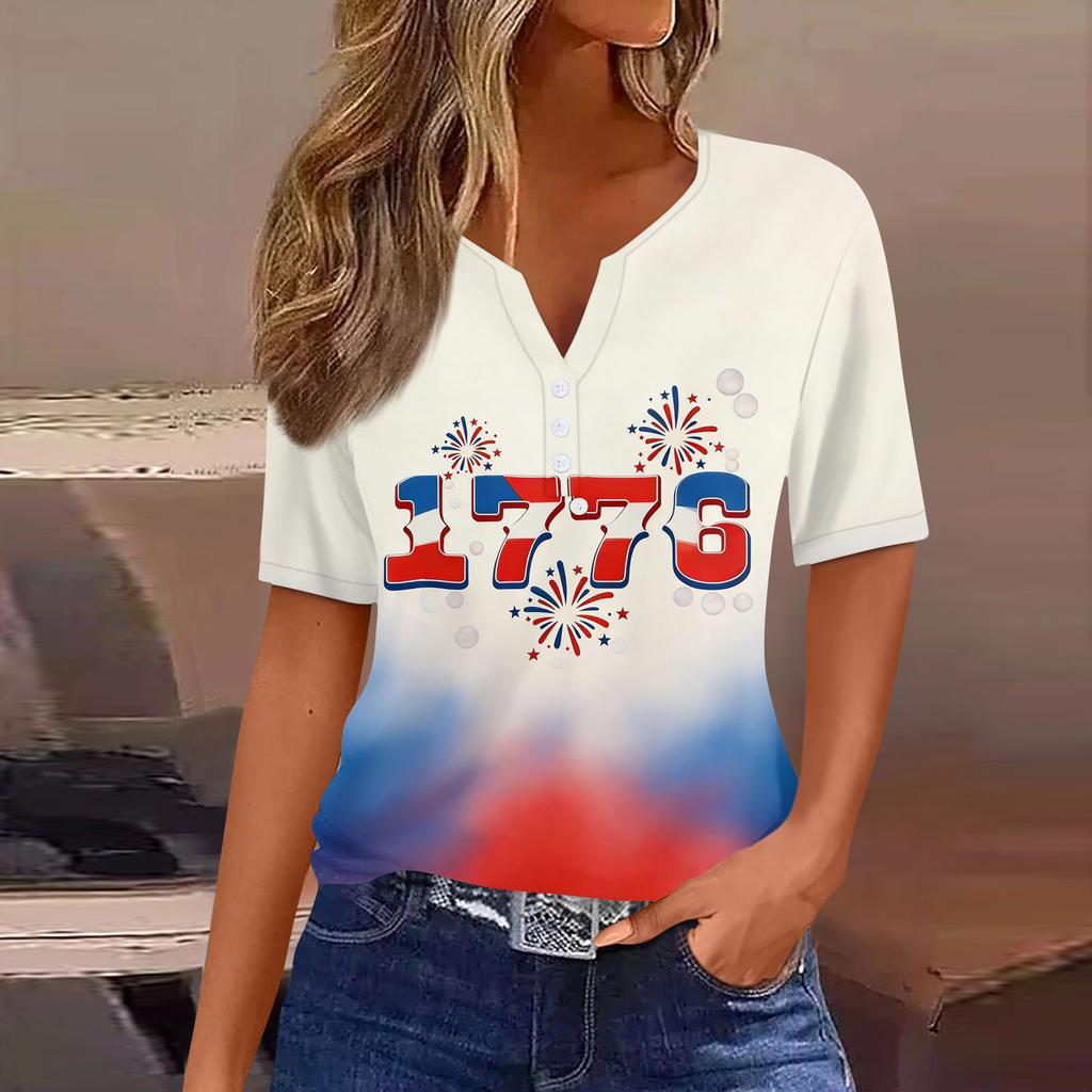 Damen-T-Shirt mit Aufdruck „Unabhängigkeitstag“ und Knopfleiste, kurzärmelig, für den Alltag und das Wochenende, modisch, Basic, V-Ausschnitt, normales Oberteil