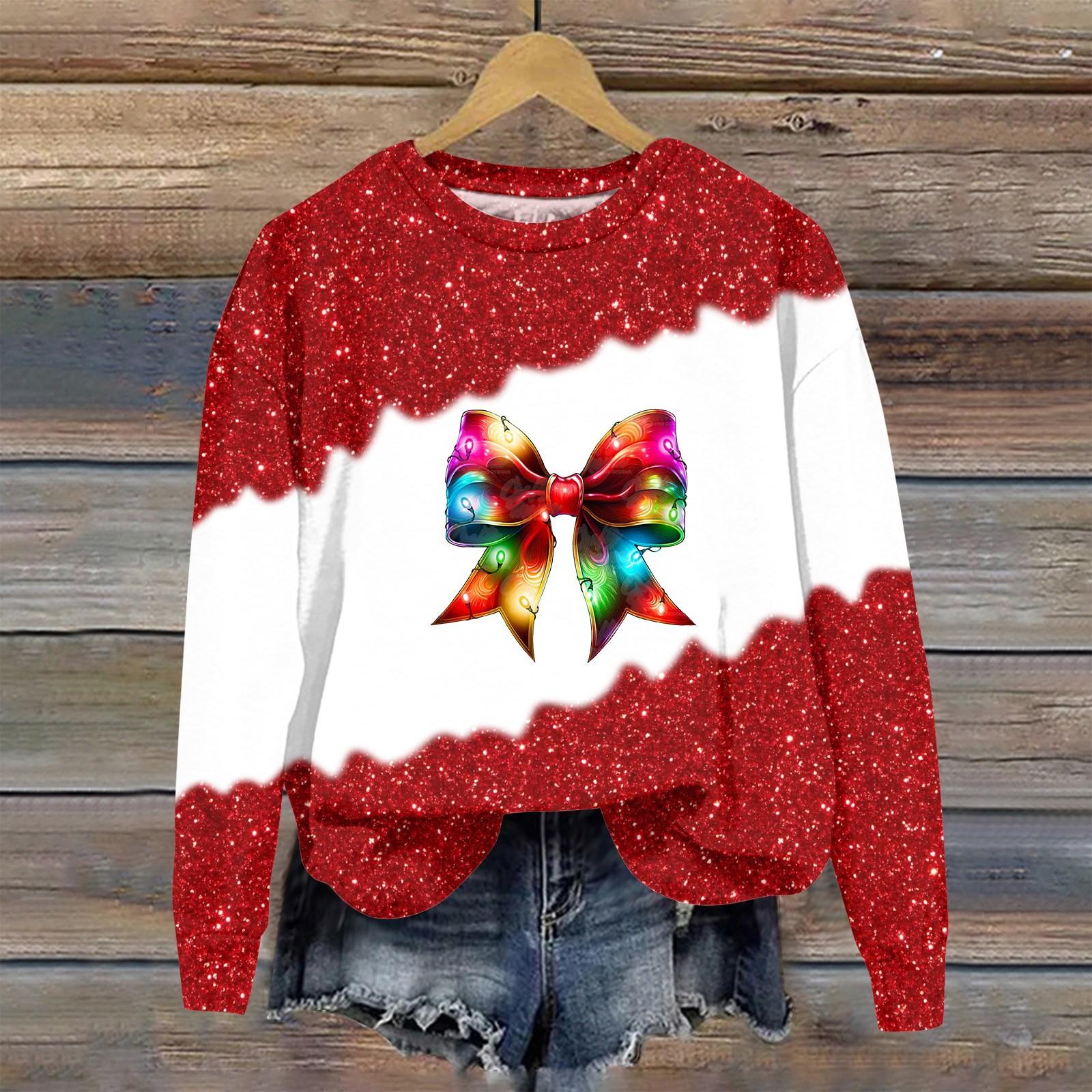 

Женская мода рождественский принт длинный рукав свободный круглый вырез толстовка топ осень S винный