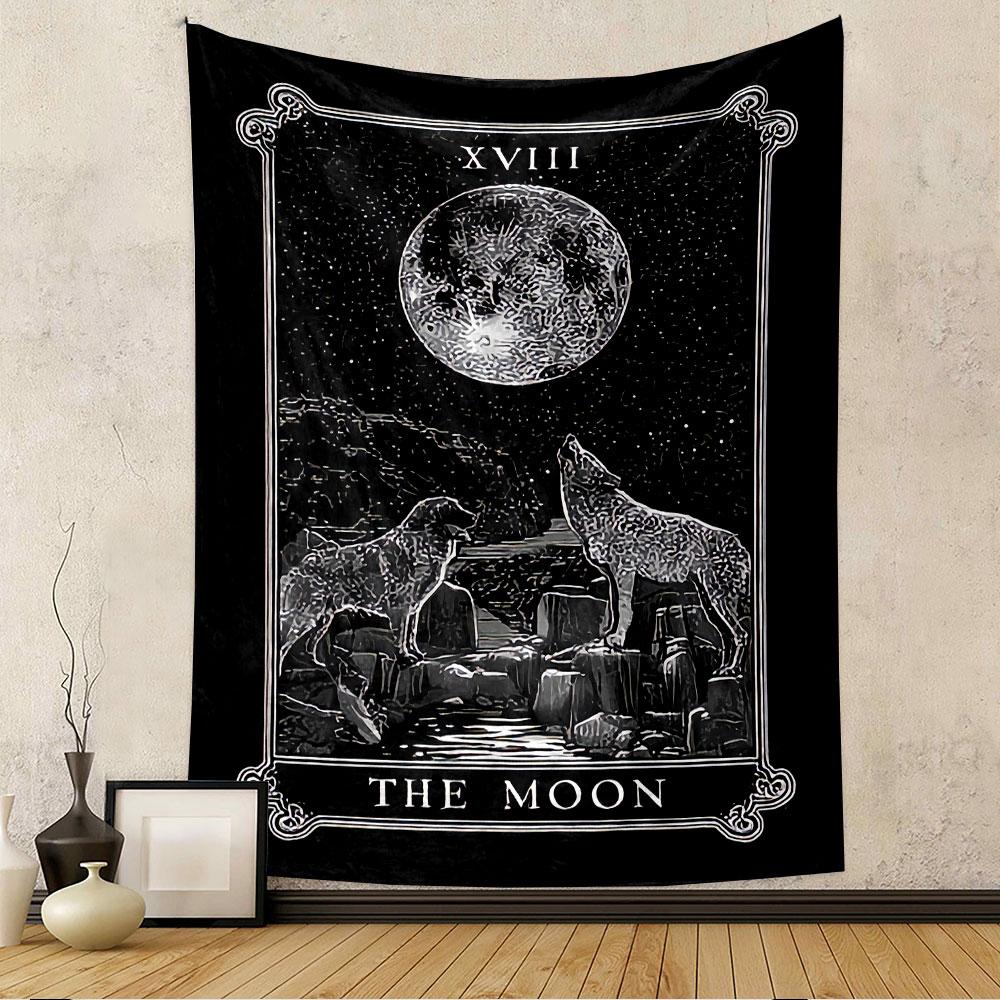 The Moon Tarot Card XVIII Tapestry Wall Hanging, Mystical Moon Card Art, Bohemian Wall Decor for Bedroom Living Room