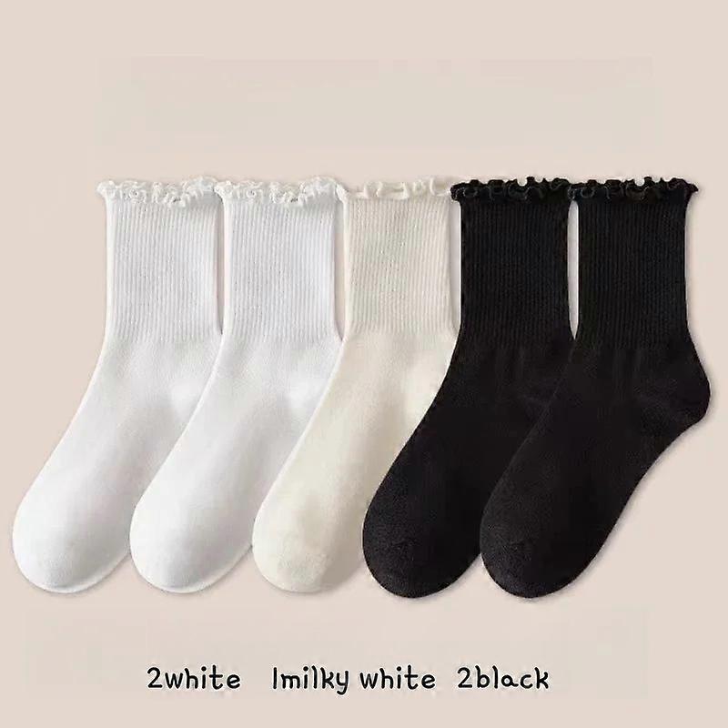 Women Breathable Ruffle Trim Ankle Socks 5 Pairs Lot Mid Calf Socks Uses for School Office Spring Fall Wear