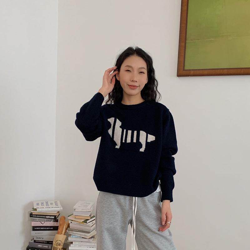 

Жаккардовый свитер Du Xiaozhai Happy Puppy – забавный, омолаживающий, повседневный свитер с длинными рукавами для осени и зимы One Size полуночно-синий