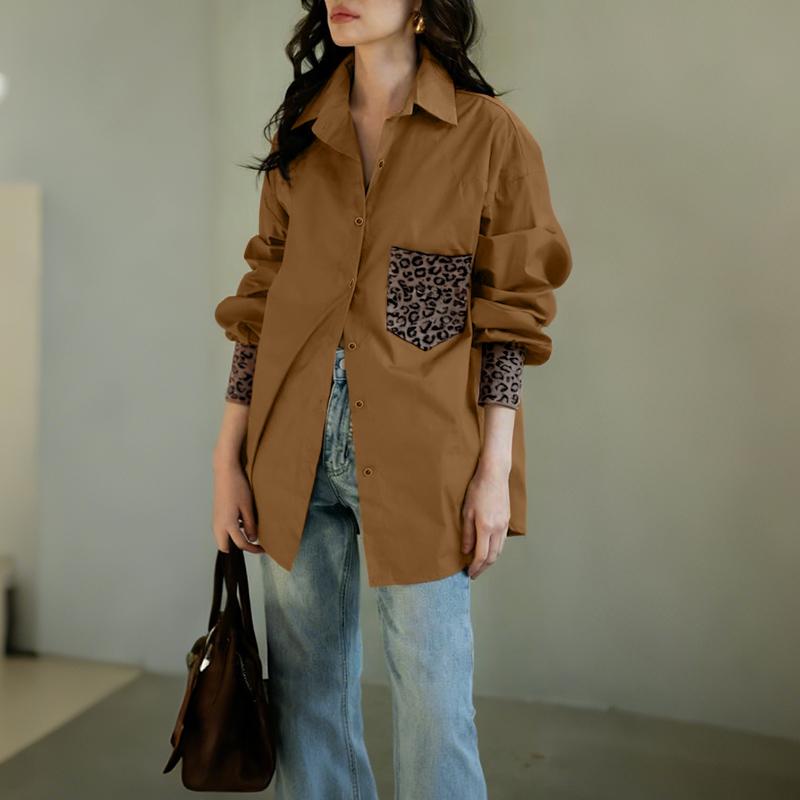 

ZANZEA Женская повседневная блузка с отложным воротником, леопардовым принтом, пэчворк, рукав 3/4 S коричневый