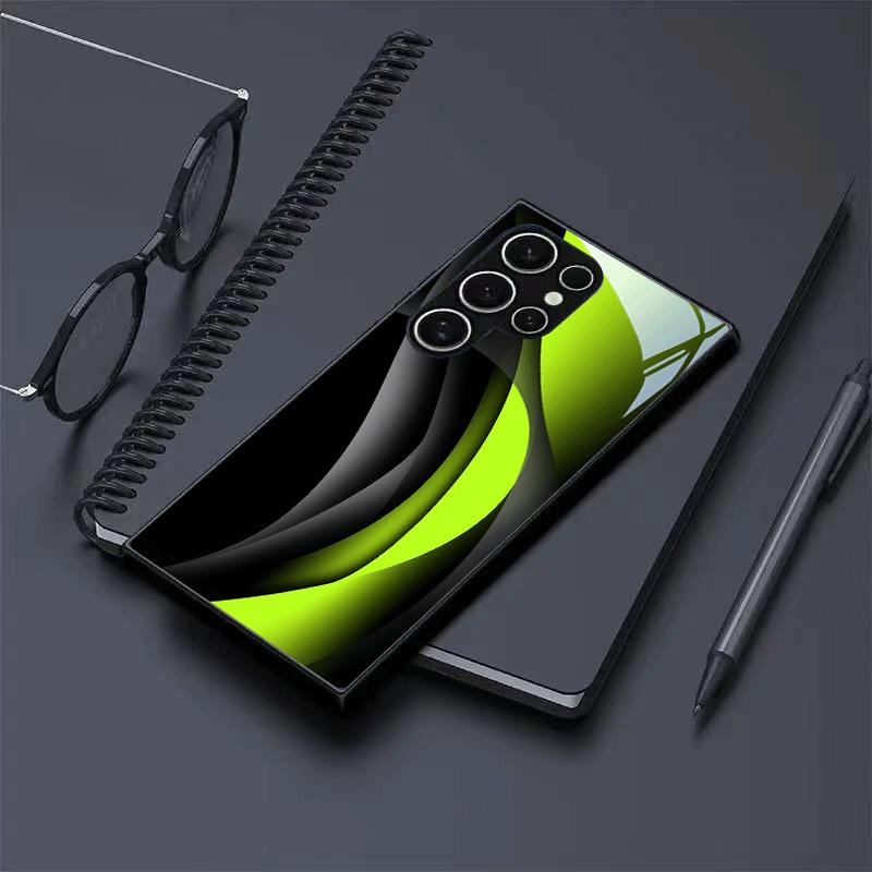 Dark green curved pattern glass phone case suitable for Samsung Galaxy S26 S25 S24 S23 S22 S21 S20 FE/Ultra/Plus anti drop