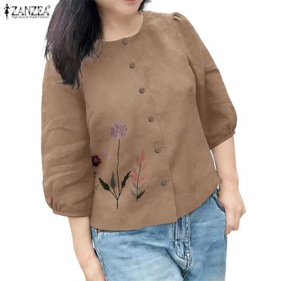 Women Casual Round Neck 3/4 Sleeve Loose Print Blouse