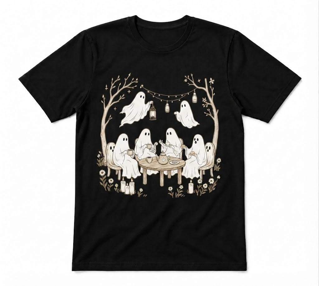 Ghosts Picnic Halloween Spooky Tea Party Fall Ghost Graphic Unisex Black T-shirt