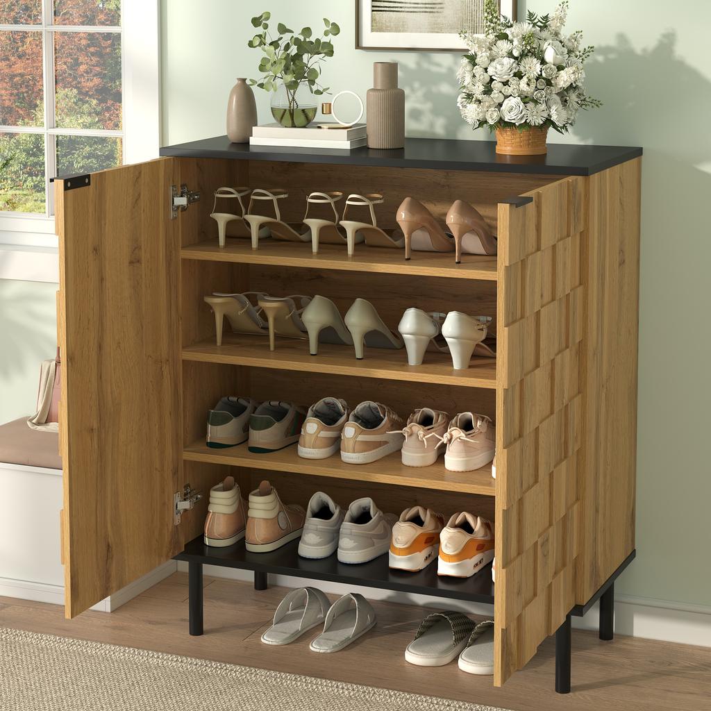 Mosaik Schuhschrank, 2-türiges Schuhregal, Aufbewahrungsschrank für den Flur, Holzoptik, Spanplatte, Metallfüße, Höhenverstellbare Fächer