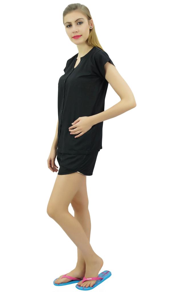 Bimba Womens Black Buttondown Pj 2-Piece Set Shirt & Shorts Night Dress-10