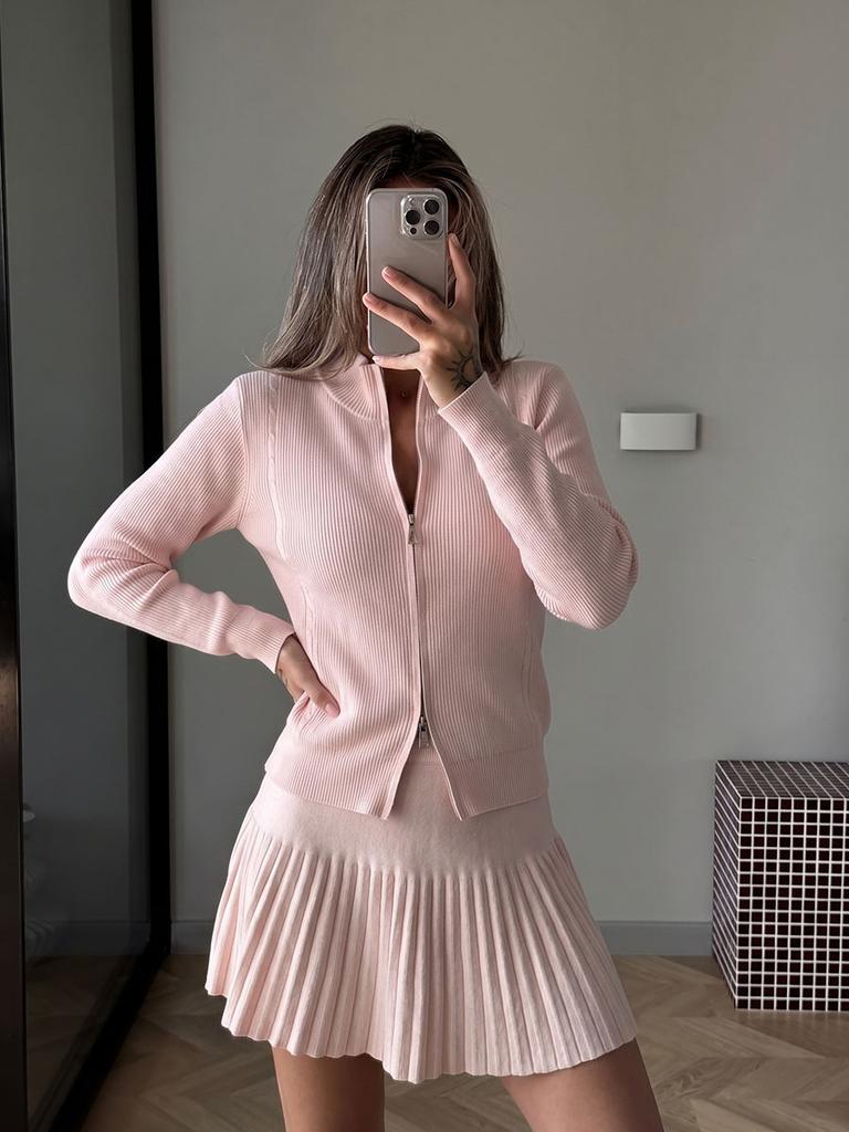 2026 New Women's Knit Two-Piece Set Zip-Up Cardigan Sweater & Pleated Skirt Casual chic Outfit