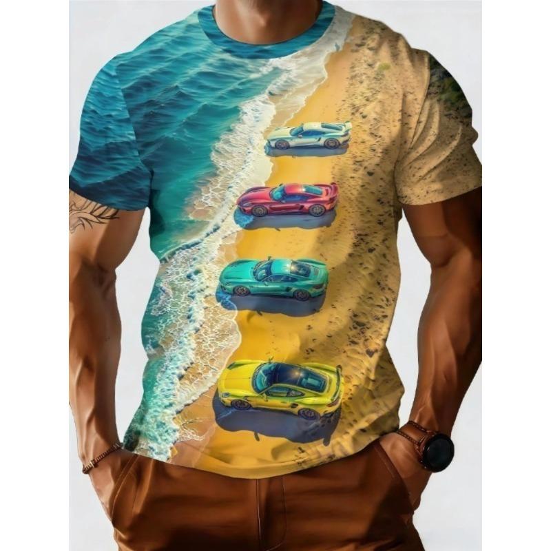 Men's Beach Wave Colorful Sports Car Print T-Shirt Crew Neck Short Sleeve Casual Seaside Graphic Tee Tops