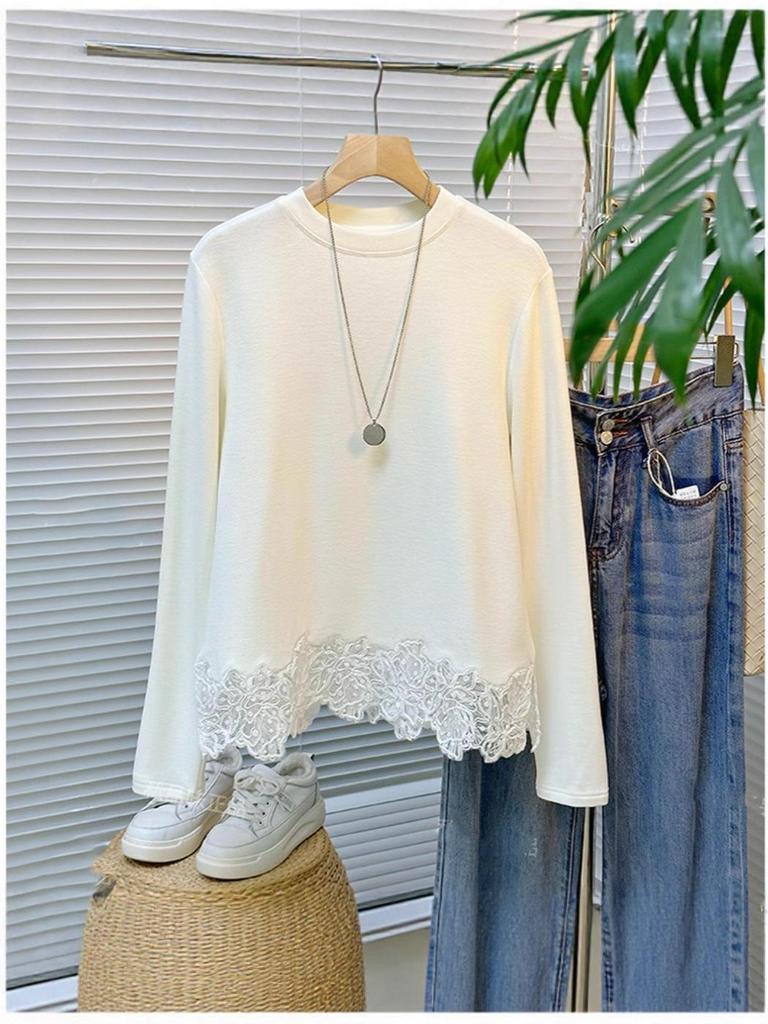 Korean-Style Lace Splicing Thermal T-Shirt: Comfortable Women's White Base Layer Top