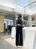 Black Velvet Wide-Leg Drawstring Pants - Women's Minimalist Style, Floor-Length for Autumn/Winter