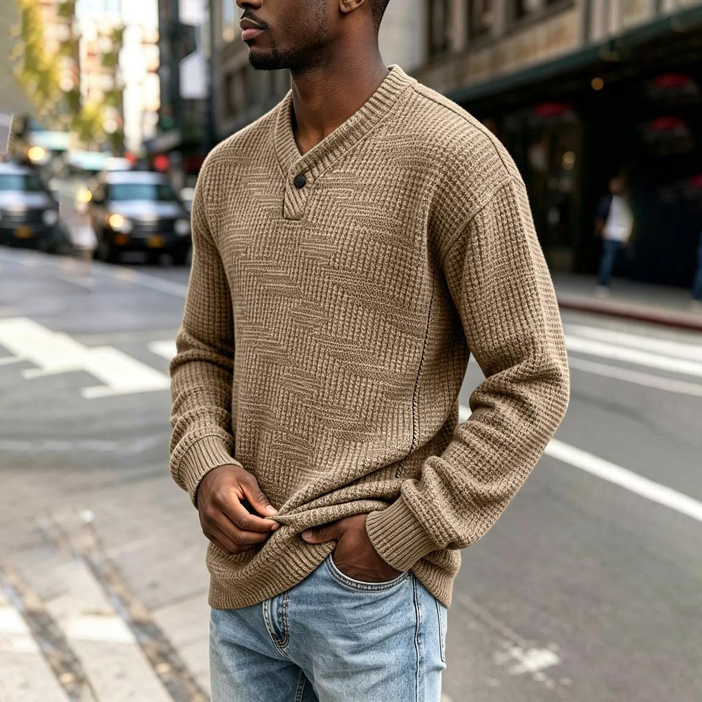 Men's V-Neck Knit Pullover Sweater with Long Sleeve for Fall and Winter