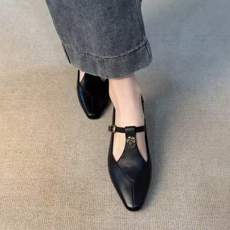 New Vintage Women'S Leather Mary Jane Pumps - Pointed-Toe Gold Floral Buckle T-Strap Low Heel Office & Daily Shoes