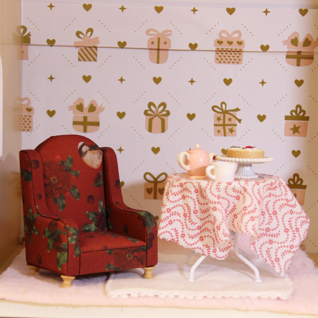 Miniature Sofa Model Figure 1/12 Scale Doll House Decoration Armchair with Washable Floral Fabric And Wood Frame Design