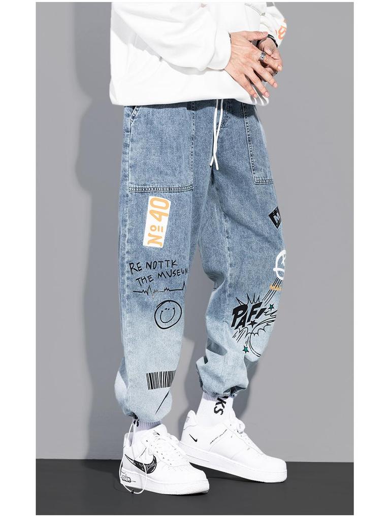 YOA Blugi de Toamnă pentru Bărbați cu Șnur, Desene Animate Graffiti, Imprimeu cu Litere, Trendy, Largi, Tip Jogger