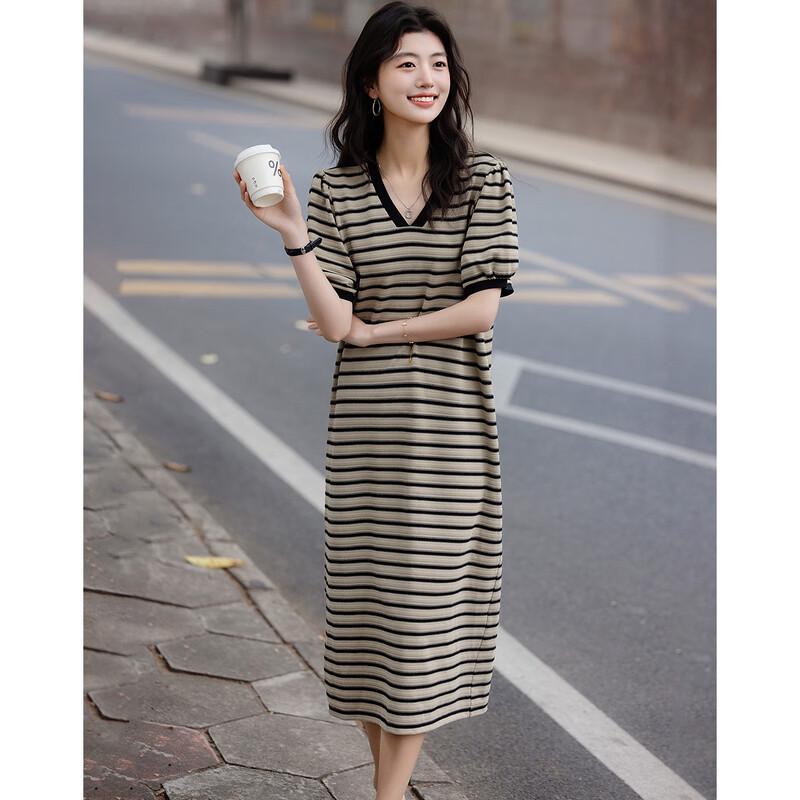 Demana Women's Summer V-Neck Striped Puff Sleeve Knit Dress