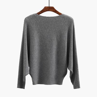 Women's Casual Fashion Knitwear One Neck Batwing Pullover Hem Elastic Soft Breathable Sweater Loose Simple Solid Comfortable Thread Knit Tops