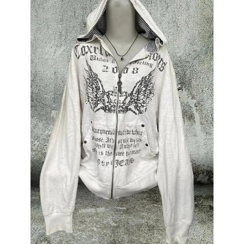VAYLA Vintage Sweatshirts Women's Clothes White Print Tunic Hooded Y2k Coat Streetwear Fashion Casual Hoodies Tops Ropa Mujer
