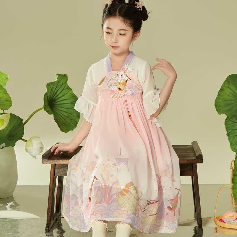 Girls Hanfu Style Summer Dress with Jade Rabbit 150cm