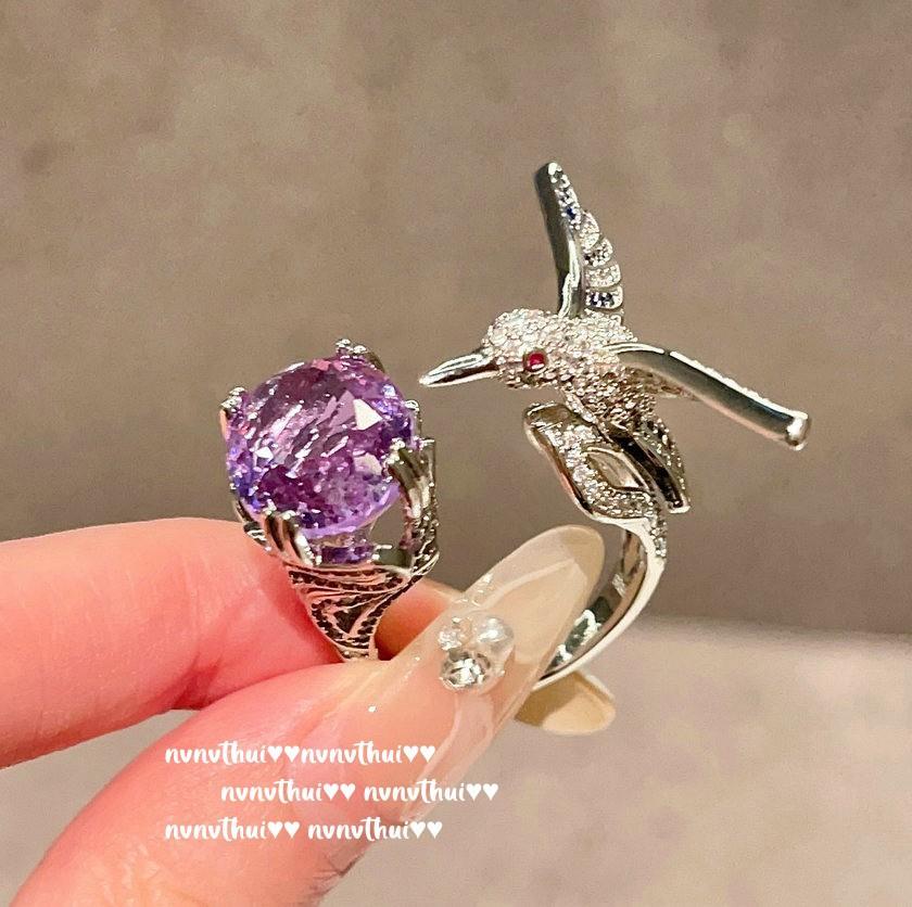 Iris Purple Gemstone Bird Ring, Magnificent, 18K Gold-Plated, Lavender Purple Egg-Shaped Zircon Bird Ring.