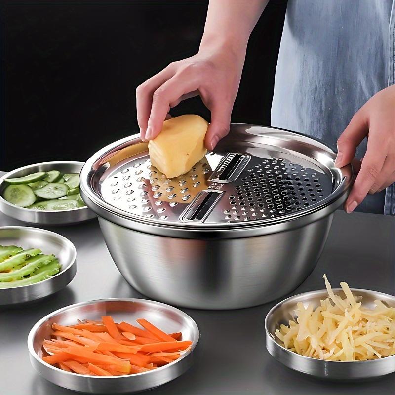 Conjunto Multifuncional de 3 Peças de Aço Inoxidável para Cortar Legumes, Ralador e Tigela para Escorrer Ferramenta de Cozinha Moderna